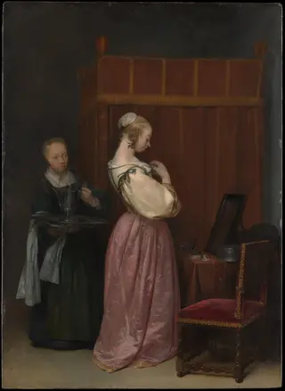 A Young Woman at Her Toilet with a Maid, by Gerard ter Borch, oil, 1650