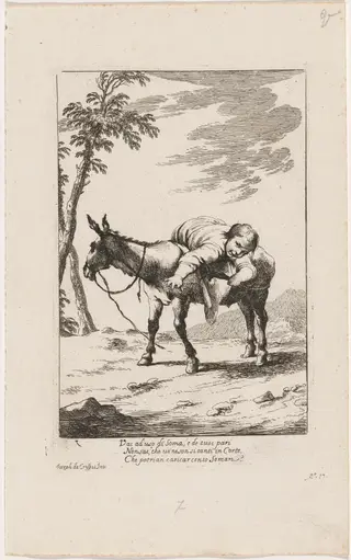 Bertoldino Lying on a Donkey, by Giuseppe Maria Crespi, ink, 1712