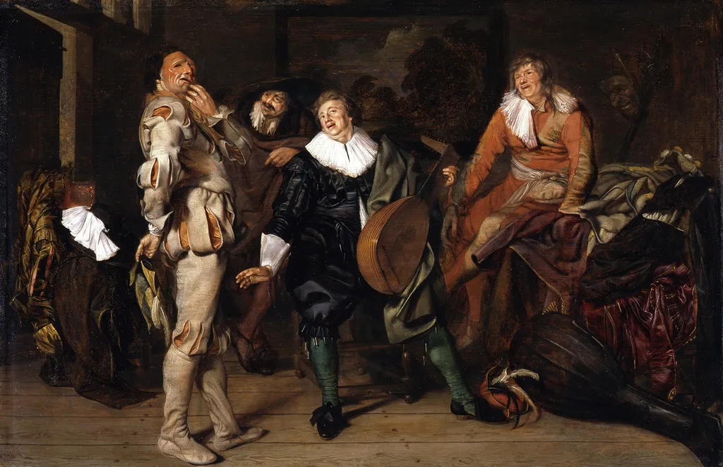 Merry actors and musicians in an interior, by Pieter Codde, paint, 1635