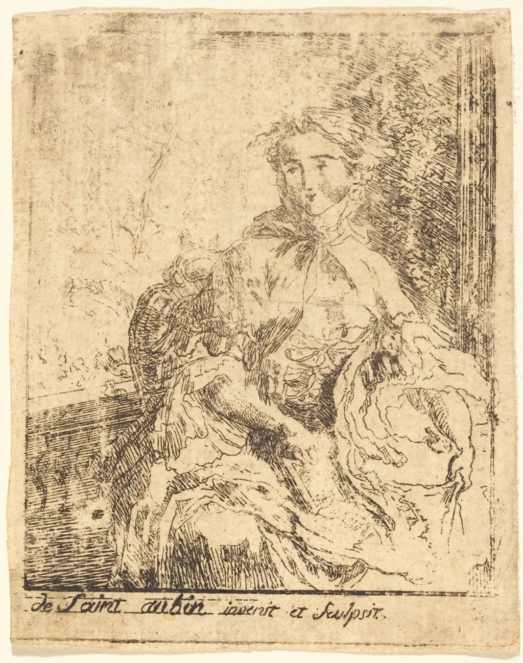 Young Woman on the Terrace (La jeune femme a la terrasse), by Gabriel de Saint-Aubin, ink, 1750