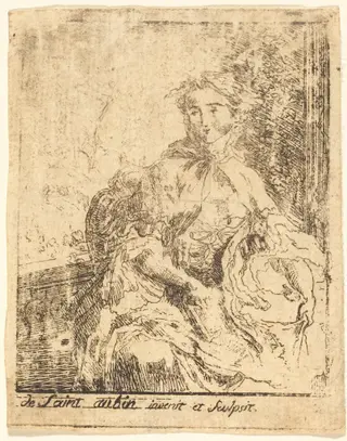 Young Woman on the Terrace (La jeune femme a la terrasse), by Gabriel de Saint-Aubin, ink, 1750