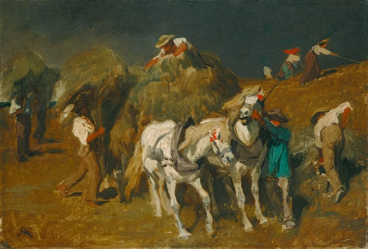Heuernte bei drohendem Gewitter (Studie), detail