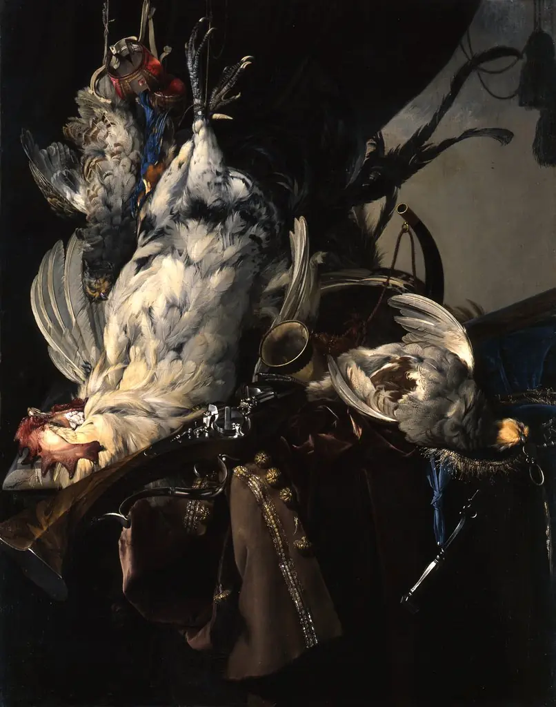 Still life with game and hunting gear, by Willem van Aelst, paint, 1660