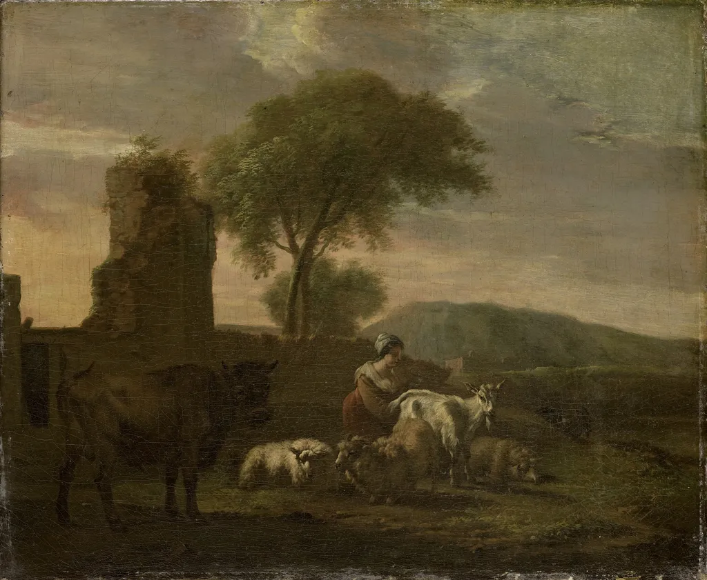 Italian landscape with sheperdess and flocks, by Simon van der Does, oil, 1712