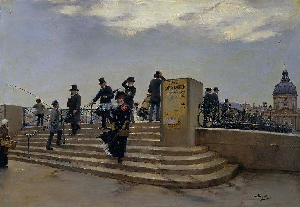 A Windy Day on the Pont des Arts, by Jean Béraud, oil, 1890