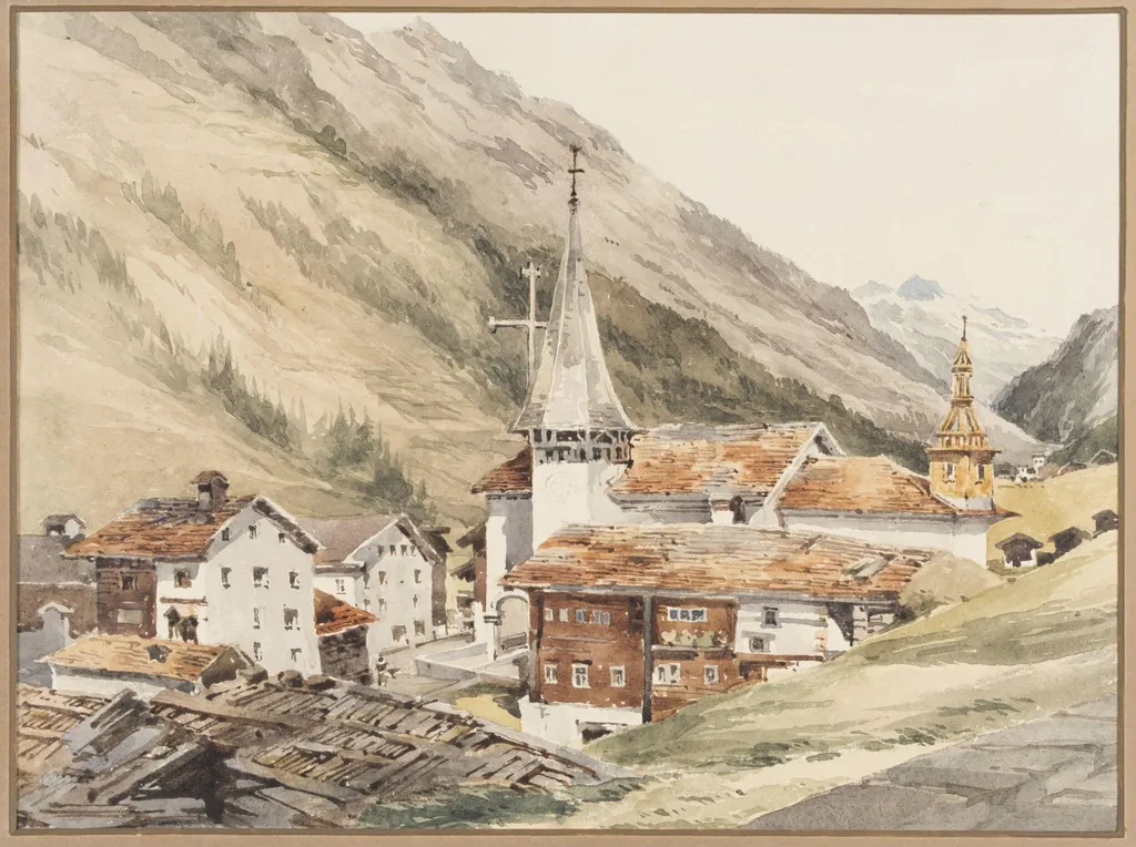 Village in the Saas Valley, Switzerland., by Charles Claude Pyne, watercolor, 1822