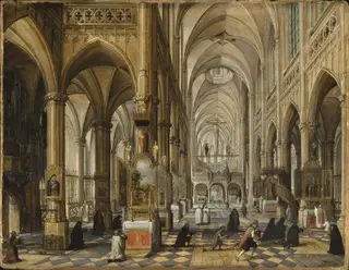 Interior of a Gothic Cathedral, by Paul Vredeman de Vries, oil, 1612
