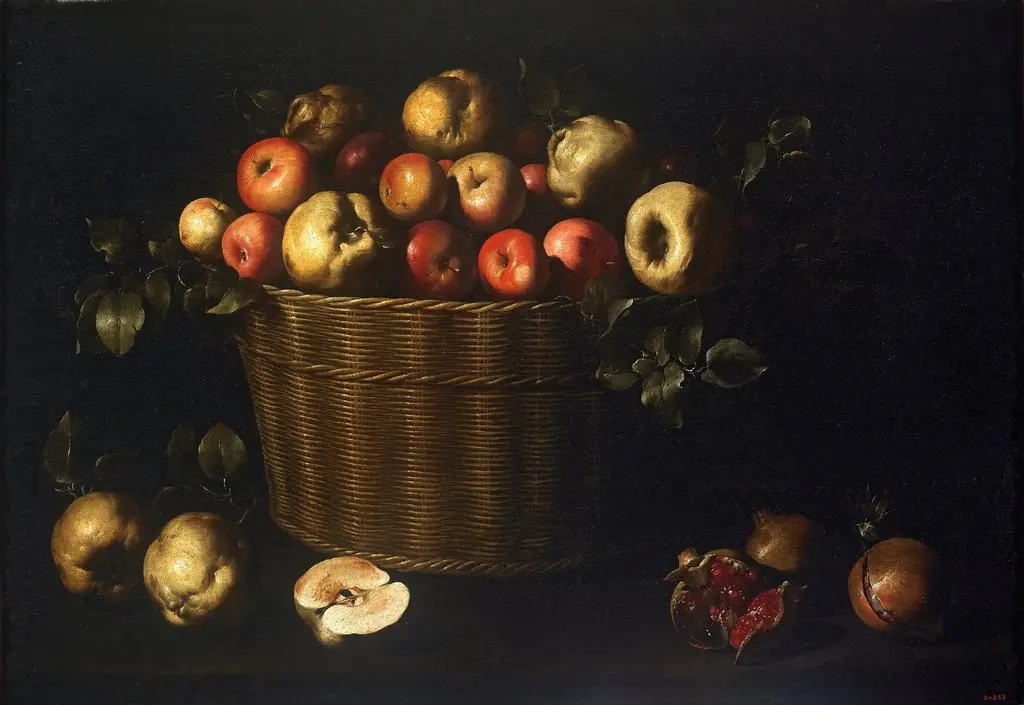 Basket with Apples, Quinces and Pomegranates, by Juan de Zurbarán, oil, 1643