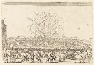 Fireworks on the Arno, Florence, by Jacques Callot, ink, 1622