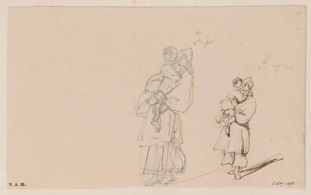 Two drawings of a boatwoman holding a child, by George Chinnery, 19