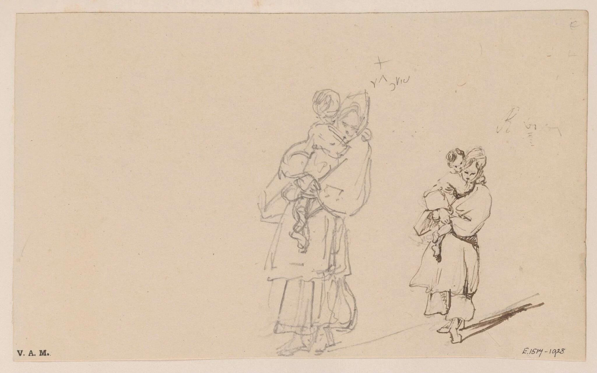 Two drawings of a boatwoman holding a child, detail
