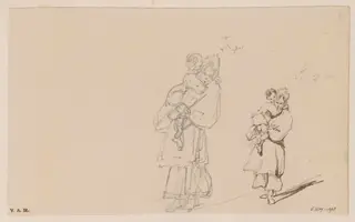 Two drawings of a boatwoman holding a child, by George Chinnery, 19