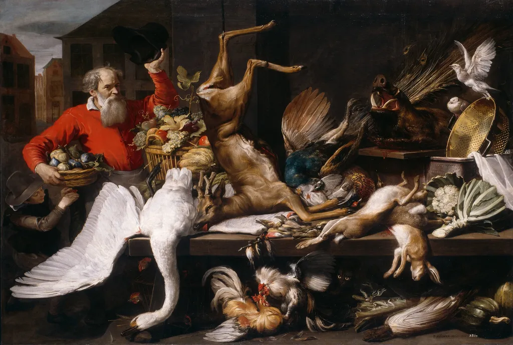 Still Life with Dead Game, Fruits, and Vegetables in a Market, by Frans Snyders, oil, 1614