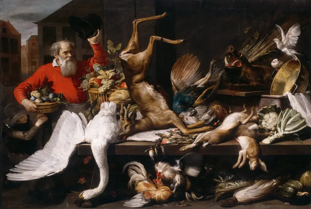 Still Life with Dead Game, Fruits, and Vegetables in a Market, by Frans Snyders, oil, 1614