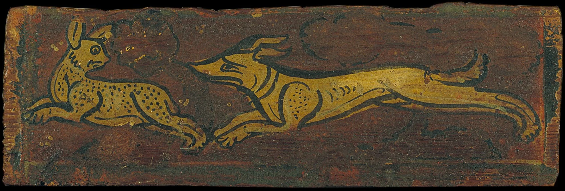 Small coffered ceiling panel with a dog pursuing a hare, detail