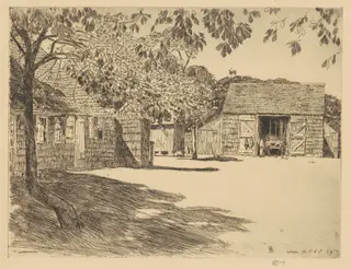 The Old Mulford Farm, by Childe Hassam, ink, 1929