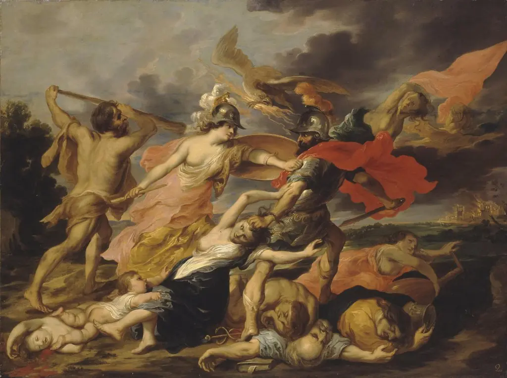Hercules and Minerva Expelling Mars, by Victor Wolfvoet, oil, 1640