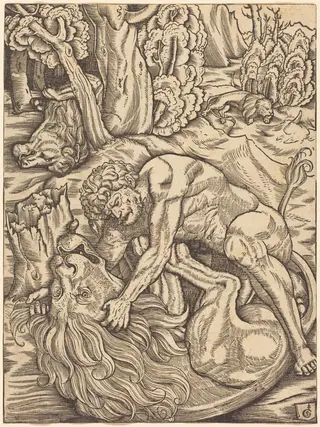 Hercules and the Nemean Lion, by Gabriel Salmon, ink, 1528