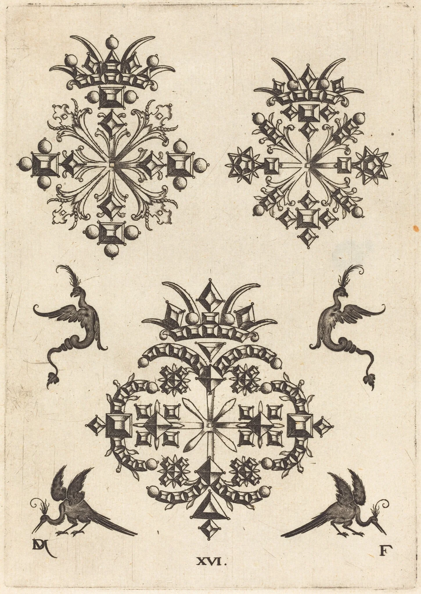 Three Brooches with Fantasy Birds at Left, Right, and Bottom, detail