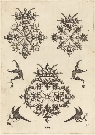 Three Brooches with Fantasy Birds at Left, Right, and Bottom, by Daniel Mignot, ink, 1596