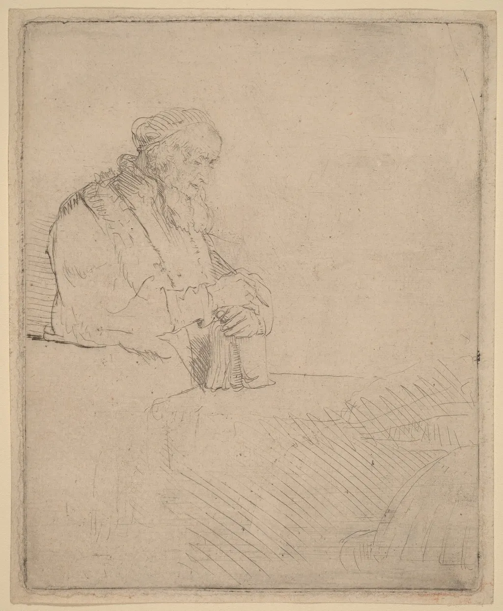 Old Man in Meditation, Leaning on a Book, by Rembrandt van Rijn, ink, 1645