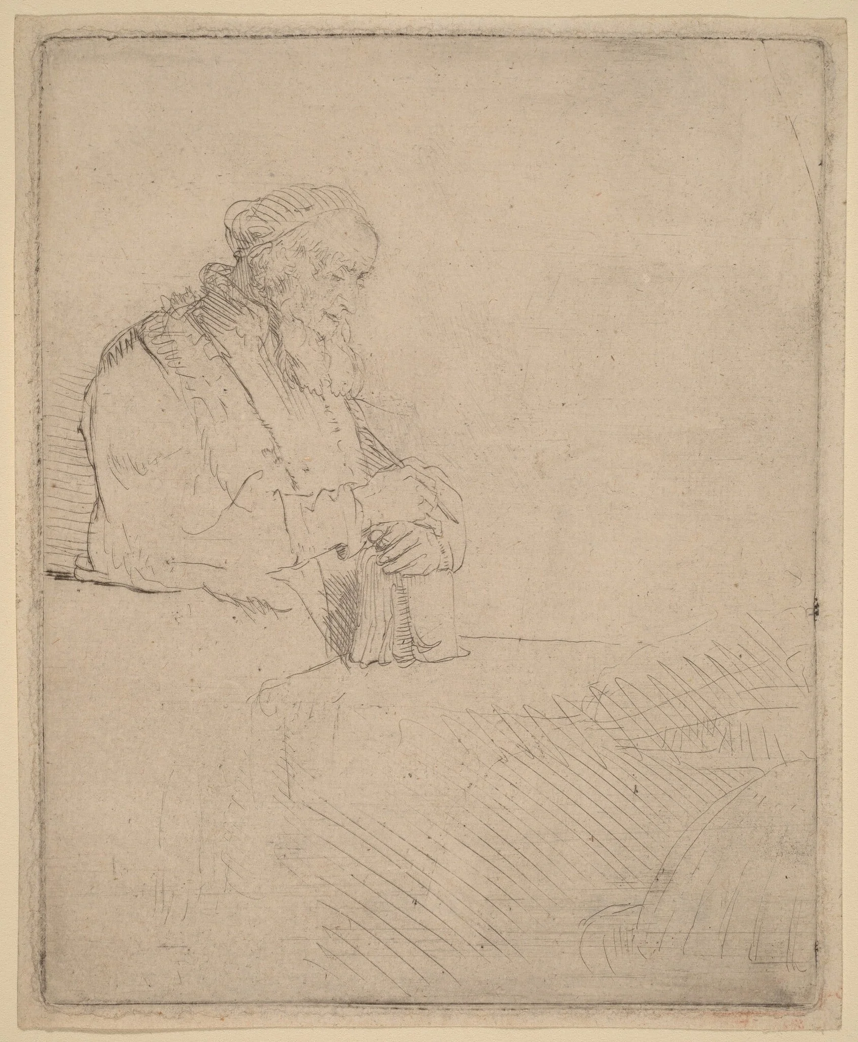 Old Man in Meditation, Leaning on a Book, detail