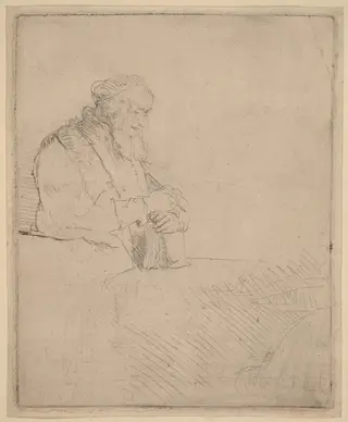 Old Man in Meditation, Leaning on a Book, by Rembrandt van Rijn, ink, 1645