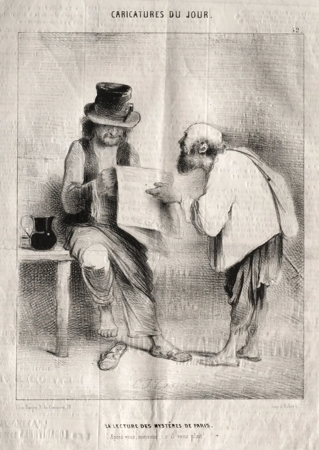 Caricatures du jour:  La Lecture des mystères de Paris, by Charles Joseph Traviès de Villers, 1838