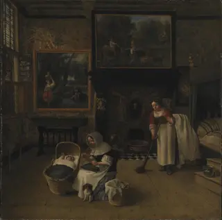 Interior with a Woman Embroidering and Rocking a Child in a Cradle, by Johannes Siberechts, oil, 1671