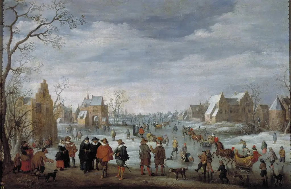 Winter Landscape with Skaters, by Joost Cornelisz Droochsloot, oil, 1629