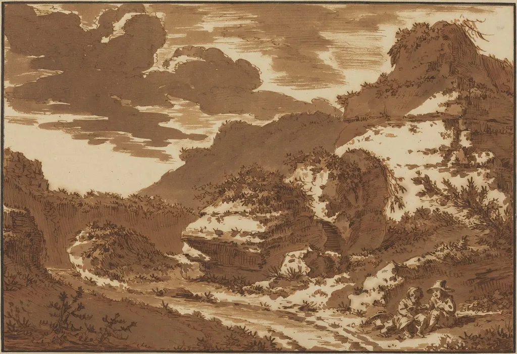 Two Children Seated near Overgrown Ruins, by Johann Georg Wille, ink, 1758