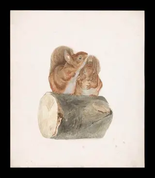 Two squirrels sitting on a log, by Beatrix Potter, watercolor, 1894