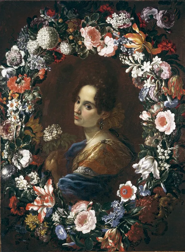 Portrait of a Lady, Surrounded by a Garland of Flowers, by Mario Nuzzi, oil, 1648