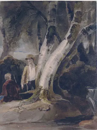 Two boys in a wooded landscape, by John Renton, watercolor, 1799