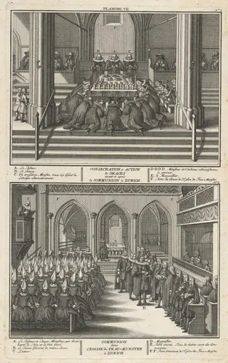 Consecration et Action de Graces avant et après la Communion à Zurich; Communion dans l’Eglise du Fraumunster à Zurich (Consecration and Communion at the Fraumunster, Zurich), by David Herrliberger, ink, 1751