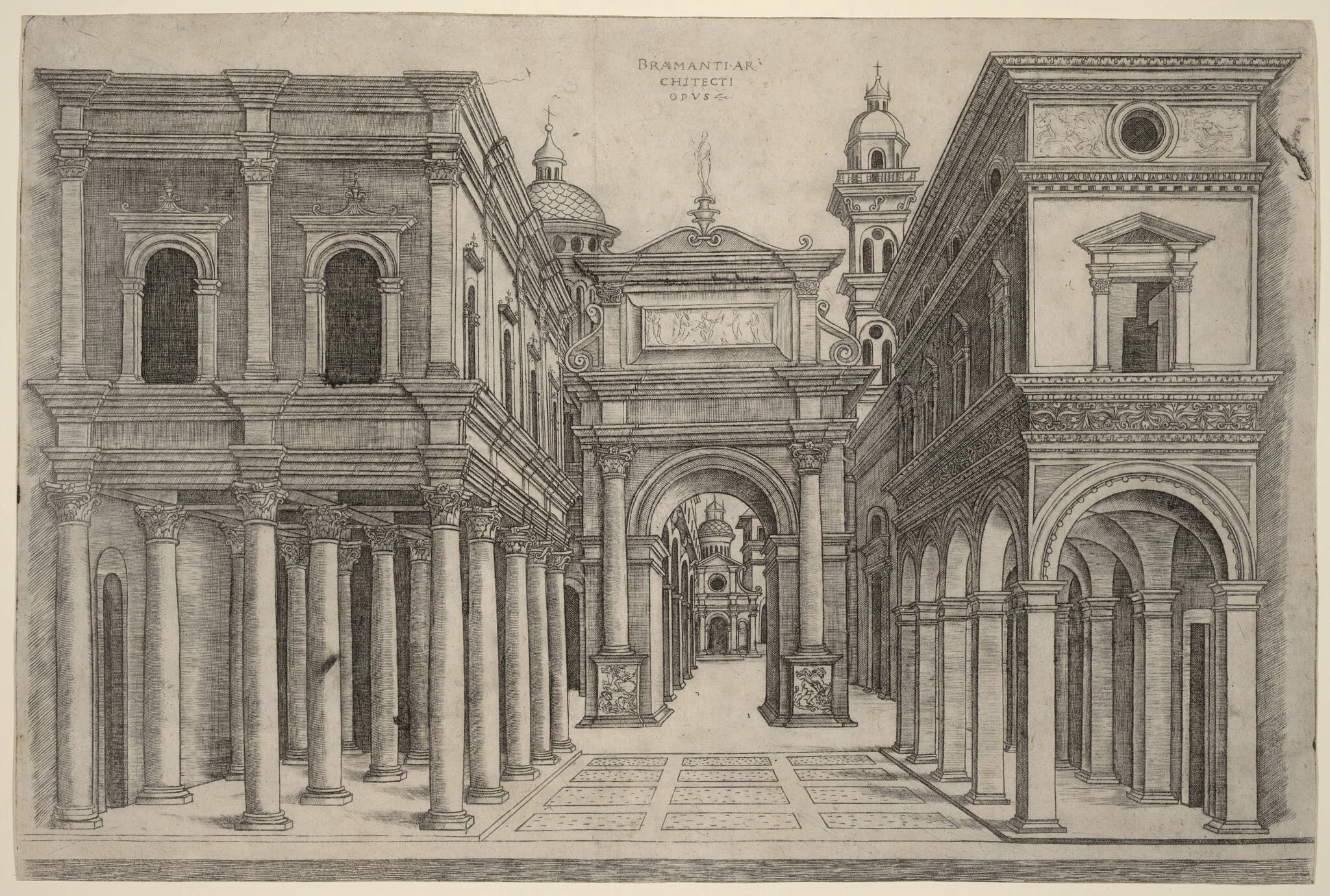 A Street with Various Buildings, Colonnades and an Arch, detail