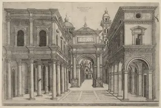 A Street with Various Buildings, Colonnades and an Arch, by Andrea Zoan, ink, 1505
