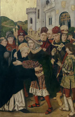 Ferdinand I of Castile welcoming Saint Dominic of Silos, by Bartolomé Bermejo, oil, 1490