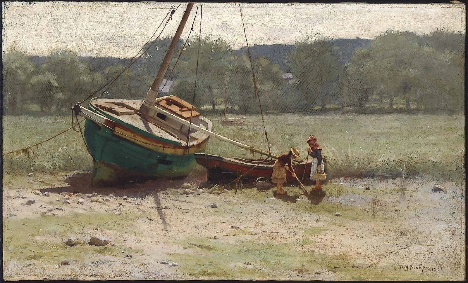 Salt Marsh Landscape with Two Children near a Beached Sailboat and Dory, detail