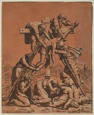 The Descent from the Cross, by Ugo da Carpi, ink, 1506