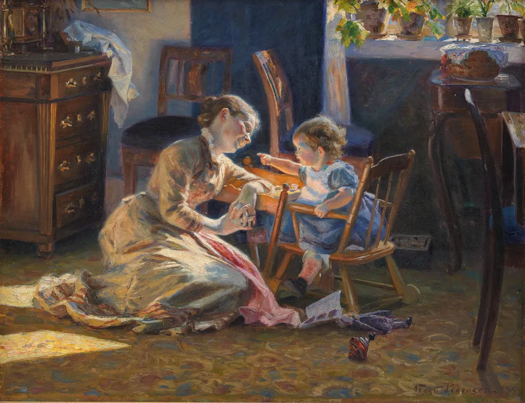 Sunshine in the Living Room. The Artist's Wife and Child, by Viggo Christian Frederik Vilhelm Pedersen, oil, 1894