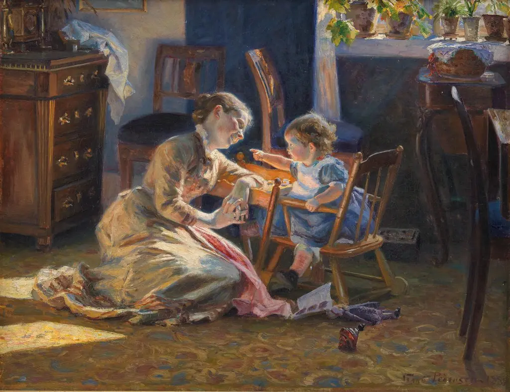 Sunshine in the Living Room. The Artist's Wife and Child, by Viggo Christian Frederik Vilhelm Pedersen, oil, 1894