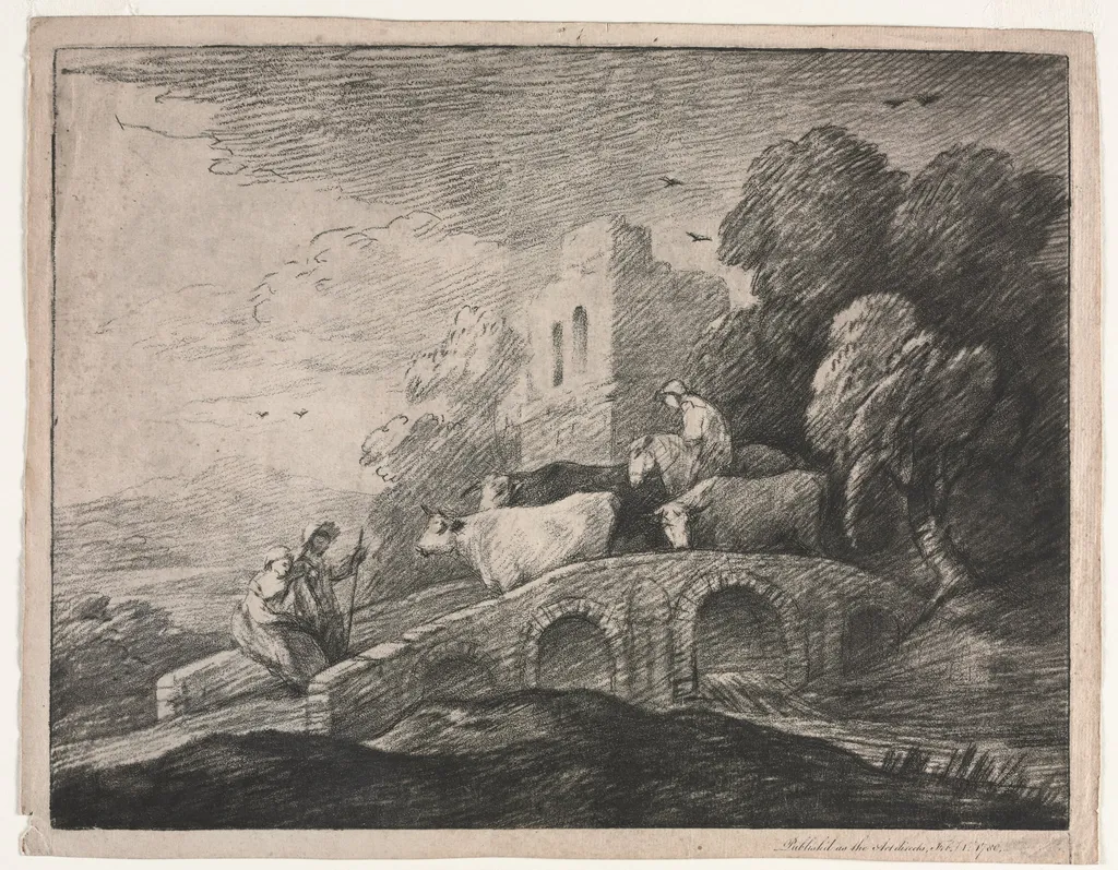 Wooded Landscape with Herdsmen Driving Cattle, by Thomas Gainsborough, 1780