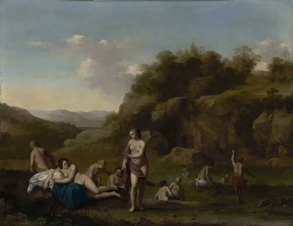 Landscape with Bathing Nudes, by Cornelius van Poelenburgh, oil, 1650
