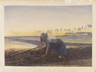 An Arab with a gun, watching duck, by Claud Hulk, watercolor, 1890