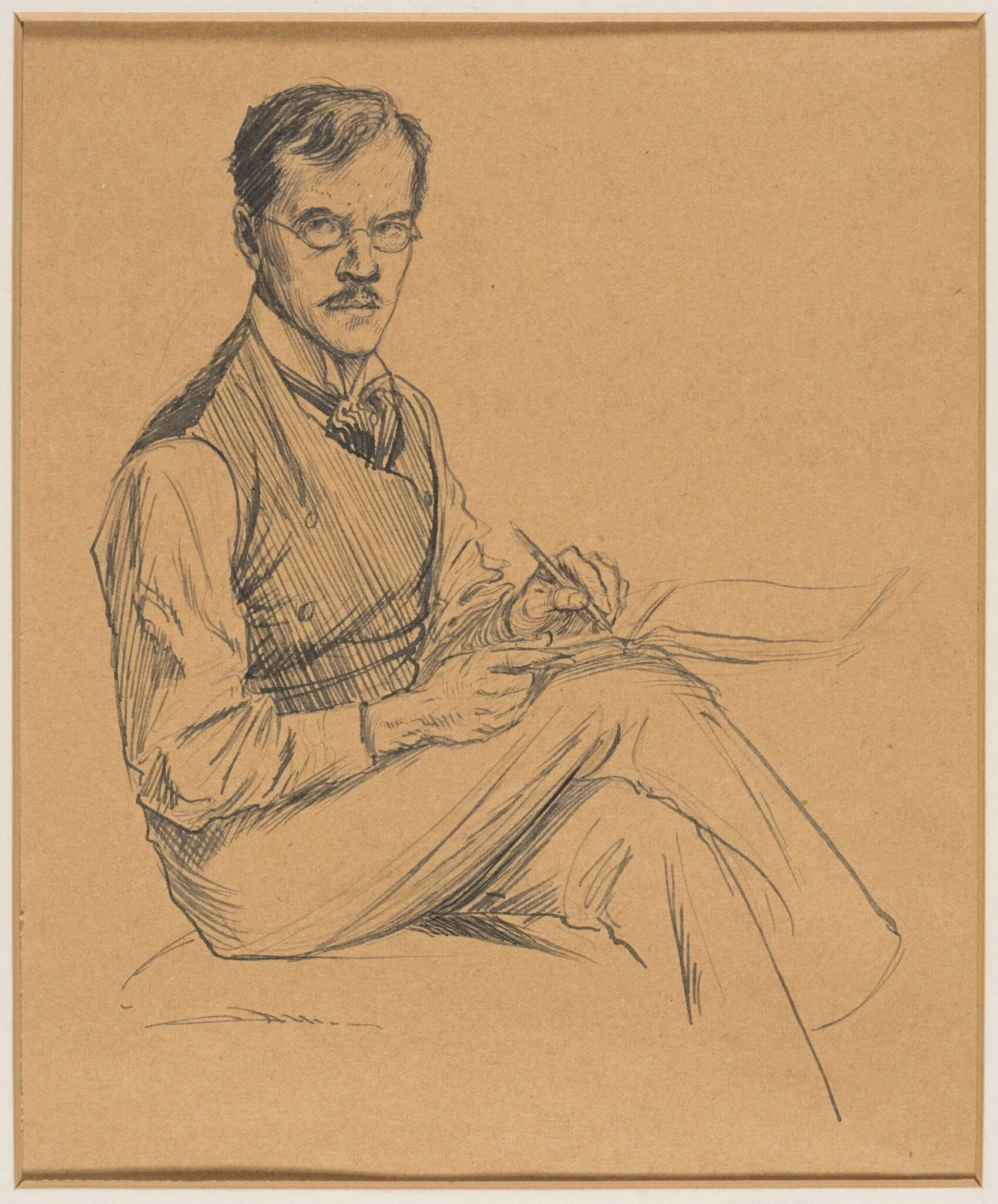 An artist, seated, sketching, detail