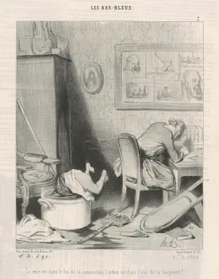La mère dans le feu de la composition, l'enfant est dans l'eau de la baignoire!, by Honoré Daumier, ink, 26