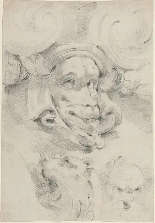 Ornamental Sketches with Grotesque Masks, by Pierre Puget, chalk, 1657