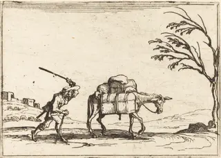 Peasant Whipping his Donkey, by Jacques Callot, ink, 1628