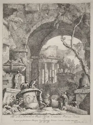 Capriccio: Ruins, by Marco Ricci, ink, 1702